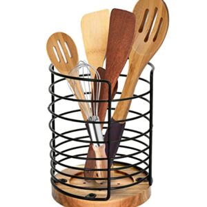 Utensil Holder for Kitchen Counter, Black Wire Kitchen Utensil Holder with Acacia Wooden Base, Large Countertop Utensil Holder Cooking Utensil Holder, Wire Kitchen Utensil Organizer for Countertop