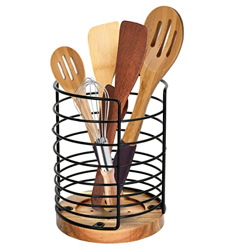 Utensil Holder for Kitchen Counter, Black Wire Kitchen Utensil Holder with Acacia Wooden Base, Large Countertop Utensil Holder Cooking Utensil Holder, Wire Kitchen Utensil Organizer for Countertop