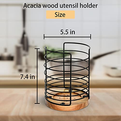 Utensil Holder for Kitchen Counter, Black Wire Kitchen Utensil Holder with Acacia Wooden Base, Large Countertop Utensil Holder Cooking Utensil Holder, Wire Kitchen Utensil Organizer for Countertop