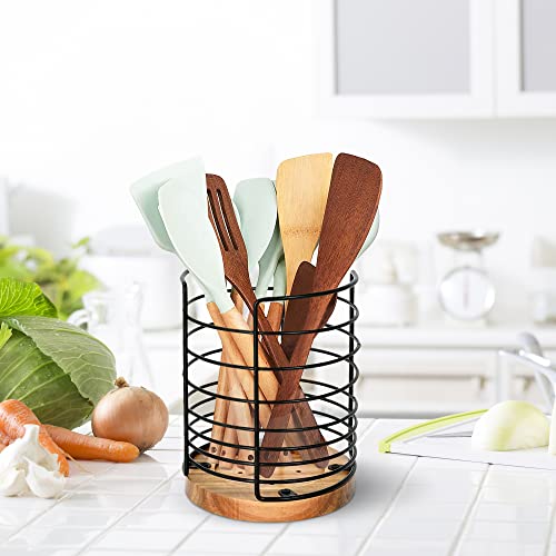 Utensil Holder for Kitchen Counter, Black Wire Kitchen Utensil Holder with Acacia Wooden Base, Large Countertop Utensil Holder Cooking Utensil Holder, Wire Kitchen Utensil Organizer for Countertop