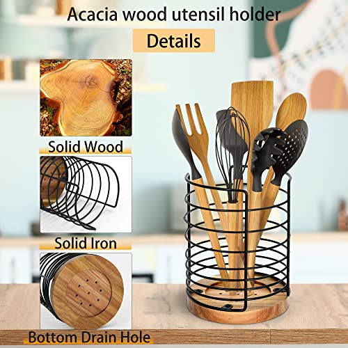 Utensil Holder for Kitchen Counter, Black Wire Kitchen Utensil Holder with Acacia Wooden Base, Large Countertop Utensil Holder Cooking Utensil Holder, Wire Kitchen Utensil Organizer for Countertop