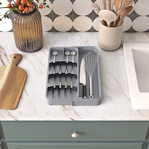 Lifewit Silverware Drawer Organizer, Expandable Utensil Tray for Kitchen, Adjustable Flatware and Cutlery Holder, Compact Plastic Storage Organization for Spoons Forks Knives, Gray