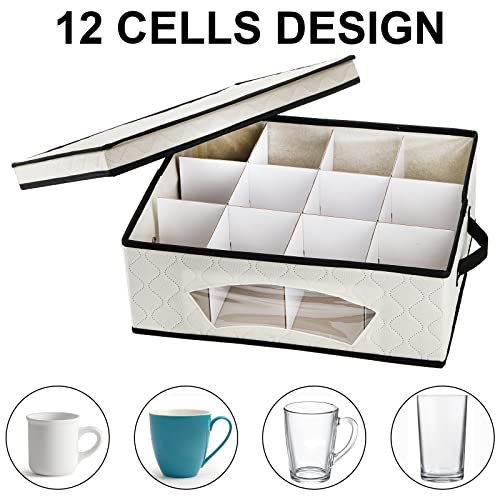 Dicunoy Mug and Cup Storage Box, China Storage Containers with Dividers, Holds 12 Glassware Storage Case with Lid and Handles for Tea Cups, Stoneware Cups, Christmas Mugs, Light Bulb