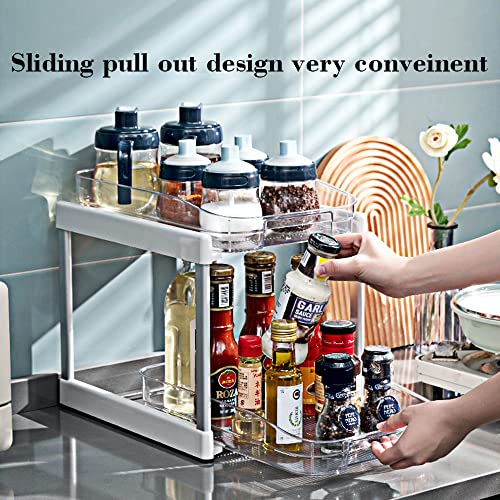 Nyxozonny 2-Tier Pull-Out Sliding Under Sink plastic Stackable Organizer for Bathroom & Cabinet & Kitchen Storage,Plastic Drawer & ABS Pole, Anti-Rust,White