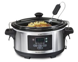 hamilton beach portable 6 quart set & forget digital programmable slow cooker with lid lock, dishwasher safe crock & lid, temperature probe, stainless steel