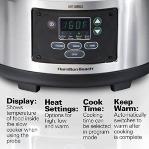 Hamilton Beach Portable 6 Quart Set & Forget Digital Programmable Slow Cooker with Lid Lock, Dishwasher Safe Crock & Lid, Temperature Probe, Stainless Steel