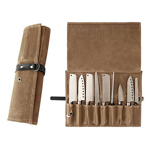 Chef Knife Roll Bag, 9 Pockets Canvas Knife Case, Knife Bag, Knife Wrap Wallet, Cutlery Knife Pouch Holders Protectors for Chef Knives Kitchen Utensils, Tool Roll (Brown)