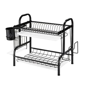 kasso dish drying rack, 2 tier stainless steel dish rack with drainboard, utensil holder, cutting board holder, large rust-proof dish drainer for kitchen counter, black