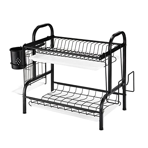 KASSO Dish Drying Rack, 2 Tier Stainless Steel Dish Rack with Drainboard, Utensil Holder, Cutting Board Holder, Large Rust-Proof Dish Drainer for Kitchen Counter, Black