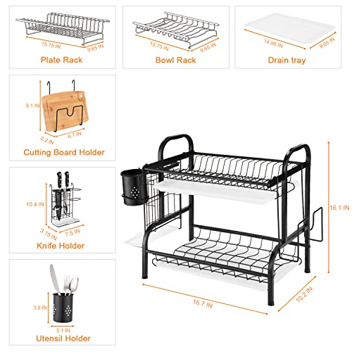 KASSO Dish Drying Rack, 2 Tier Stainless Steel Dish Rack with Drainboard, Utensil Holder, Cutting Board Holder, Large Rust-Proof Dish Drainer for Kitchen Counter, Black