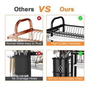 KASSO Dish Drying Rack, 2 Tier Stainless Steel Dish Rack with Drainboard, Utensil Holder, Cutting Board Holder, Large Rust-Proof Dish Drainer for Kitchen Counter, Black