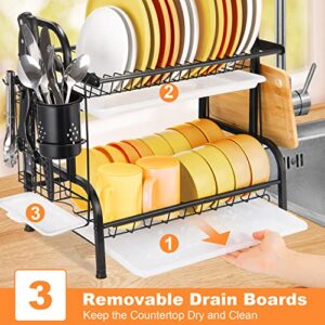 KASSO Dish Drying Rack, 2 Tier Stainless Steel Dish Rack with Drainboard, Utensil Holder, Cutting Board Holder, Large Rust-Proof Dish Drainer for Kitchen Counter, Black