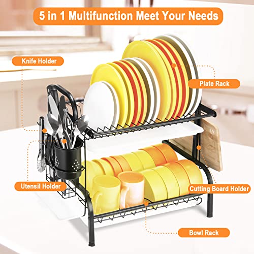 KASSO Dish Drying Rack, 2 Tier Stainless Steel Dish Rack with Drainboard, Utensil Holder, Cutting Board Holder, Large Rust-Proof Dish Drainer for Kitchen Counter, Black