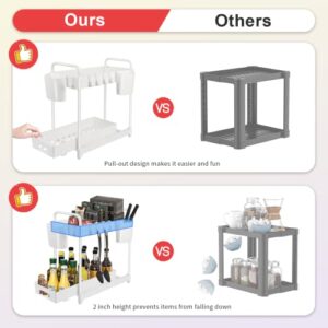 2 Pack Under Sink Organizers and Storage, 2 Tier Under Bathroom Storage Rack with 6 Hooks, Multi-purpose Storage for Bathroom Kitchen Cabinet, White