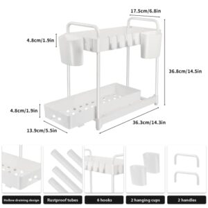 2 Pack Under Sink Organizers and Storage, 2 Tier Under Bathroom Storage Rack with 6 Hooks, Multi-purpose Storage for Bathroom Kitchen Cabinet, White