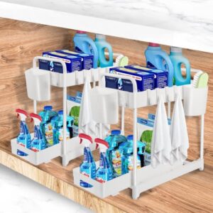 2 Pack Under Sink Organizers and Storage, 2 Tier Under Bathroom Storage Rack with 6 Hooks, Multi-purpose Storage for Bathroom Kitchen Cabinet, White