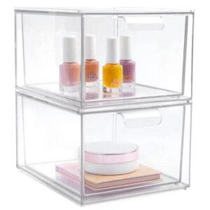 acrylic makeup organizer, 4.4” tall bathroom clear plastic storage bins, set of 2