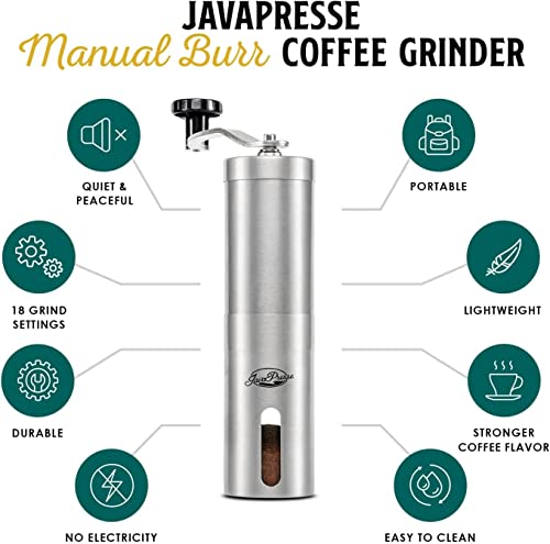 Manual Coffee Grinder by JavaPresse — Manual Coffee Bean Grinder with 18 Adjustable Settings, Stainless Steel Manual Burr Hand Coffee Grinder with Crank — Great Holiday Gift, Perfect for Camping