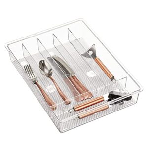 mdesign plastic 6-section compact in-drawer utensil storage organizer tray for kitchen, pantry; holder for silverware, cutlery, flatware, large & small utensils, spoon, fork – ligne collection – clear