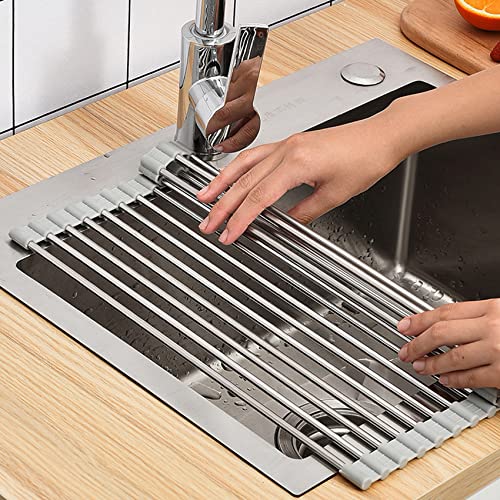 Vseegrs Roll Up Dish Drying Rack (17" L x 16" W), Over Sink Dish Drying Rack, Foldable Stainless Steel Dish Drying Rack, Rolling Srying Rack for Sink Counter (Gray)