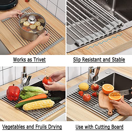 Vseegrs Roll Up Dish Drying Rack (17" L x 16" W), Over Sink Dish Drying Rack, Foldable Stainless Steel Dish Drying Rack, Rolling Srying Rack for Sink Counter (Gray)