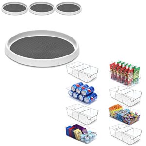 [ 4 pack ] 12 inch non-skid turntable lazy susan organizers + set of 8, stackable clear bins with removable dividers – pantry food snack organization and storage – multi-purpose plastic home organizer