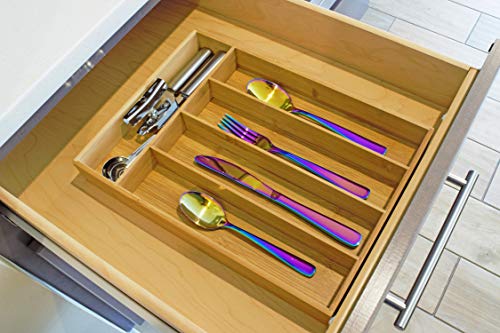 Drawer Organizer By Kozy Kitchen| 100% Organic Bamboo| Premium Cutlery and Utensil Tray| Perfect For The Kitchen, Bathroom, Desk, etc.| Kitchen Drawer Divider with 5 Compartments