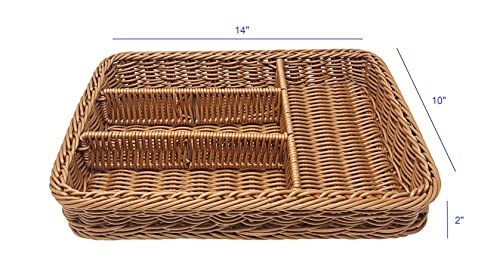 KOVOT Poly-Wicker Divided Basket Tray For Storage, Food or Cutlery, Drawer Insert Compartment Organizer Woven Polypropylene - 14"L x 10"D x 2"H