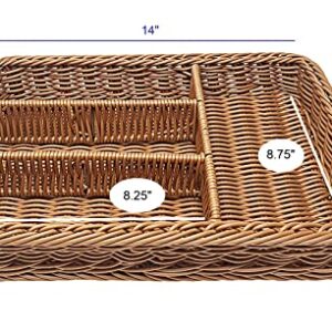 KOVOT Poly-Wicker Divided Basket Tray For Storage, Food or Cutlery, Drawer Insert Compartment Organizer Woven Polypropylene - 14"L x 10"D x 2"H