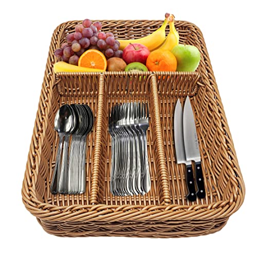 KOVOT Poly-Wicker Divided Basket Tray For Storage, Food or Cutlery, Drawer Insert Compartment Organizer Woven Polypropylene - 14"L x 10"D x 2"H