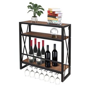 todeco wall mounted wine rack with 7 stem glass holder, 3-tier rustic wood wine storage shelf, 23.6 inch metal frame wine bottle stemware glass rack for kitchen, bar or home