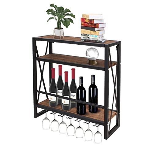 Todeco Wall Mounted Wine Rack with 7 Stem Glass Holder, 3-Tier Rustic Wood Wine Storage Shelf, 23.6 Inch Metal Frame Wine Bottle Stemware Glass Rack for Kitchen, Bar or Home