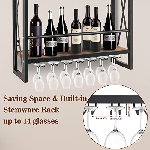 Todeco Wall Mounted Wine Rack with 7 Stem Glass Holder, 3-Tier Rustic Wood Wine Storage Shelf, 23.6 Inch Metal Frame Wine Bottle Stemware Glass Rack for Kitchen, Bar or Home