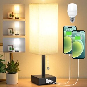 aooshine bedside table lamp with 3 levels brightness – 2700/3500/5000k small lamp with usb c+a ports, nightstand light with 3 color modes by pull chain, bedroom lamp for living read(led bulb included)