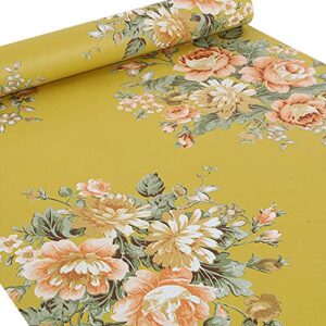 LovingWay Vintage Peony Floral Shelf Liner 17.7x177 Inch Easy-to-Install Storage Drawer Lining Paper Refresh Home School Furnitures Dark Yellow
