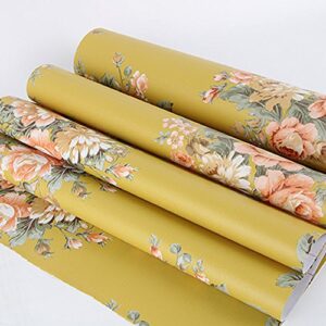 LovingWay Vintage Peony Floral Shelf Liner 17.7x177 Inch Easy-to-Install Storage Drawer Lining Paper Refresh Home School Furnitures Dark Yellow