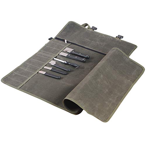 Waterproof Waxed Canvas Chef’s Knife Roll Bag With 11 Slots for Kitchen Knife Tools Up To 18.8”/Portable Chef Knife Cases(Army Green)