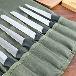 Waterproof Waxed Canvas Chef’s Knife Roll Bag With 11 Slots for Kitchen Knife Tools Up To 18.8”/Portable Chef Knife Cases(Army Green)