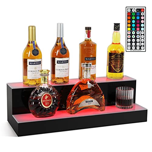 COSVALVE 2 Step Lighted Liquor Bottle Display Shelf, 24 Inch Illuminated Bar Bottle Shelf 2-Tier Commercial Home Bar Bottle Display Drinks Acrylic Lighting Shelves with Remote Control