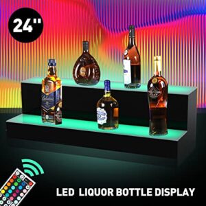 COSVALVE 2 Step Lighted Liquor Bottle Display Shelf, 24 Inch Illuminated Bar Bottle Shelf 2-Tier Commercial Home Bar Bottle Display Drinks Acrylic Lighting Shelves with Remote Control