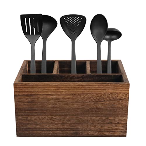 TNQNCFL Wooden Farmhouse Utensil Holders for Countertop,Spoon And Fork Holder,Wooden Utensil Holder,Utensil Caddy With 4 Compartments,for Silverware,Spoons,Pens,Staples