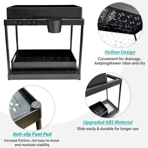 Under Sink Organizer, Double Pull-out Cabinet Organizer, 2-Tier Sliding Under Storage Drawer Shelf Basket with Hooks Hanging Cup for Kitchen Bathroom