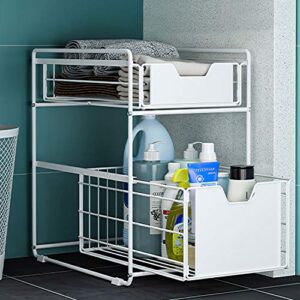 under sink cabinet organizer 2 tier sliding cabinet basket with storage drawer,desktop organizer for kitchen countertop pantry bathroom,white