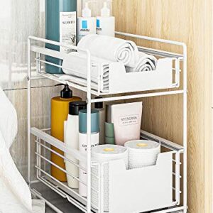 Under Sink Cabinet Organizer 2 Tier Sliding Cabinet Basket with Storage Drawer,Desktop Organizer for Kitchen Countertop Pantry Bathroom,White