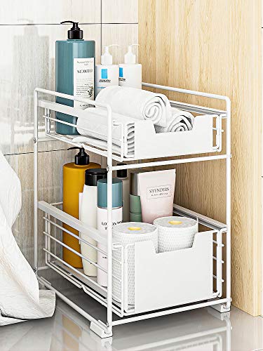Under Sink Cabinet Organizer 2 Tier Sliding Cabinet Basket with Storage Drawer,Desktop Organizer for Kitchen Countertop Pantry Bathroom,White