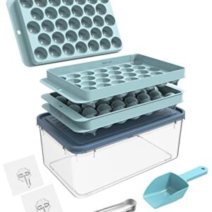 BEGIALO Ice Cube Tray, Round Ice Trays for Freezer with Lid and Bin, Circle Ice Mold Making 66 x 1.0IN Small Ice Balls,Sphere Ice Makers (New Blue)