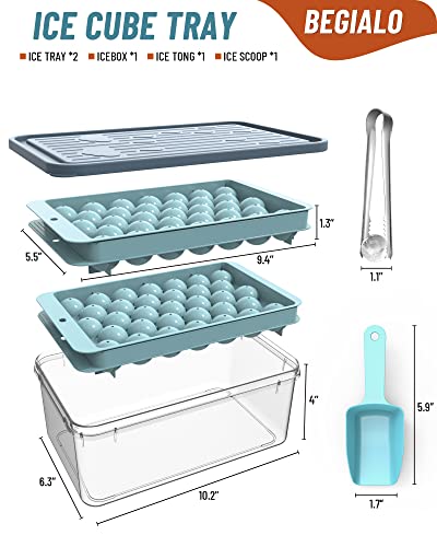 BEGIALO Ice Cube Tray, Round Ice Trays for Freezer with Lid and Bin, Circle Ice Mold Making 66 x 1.0IN Small Ice Balls,Sphere Ice Makers (New Blue)