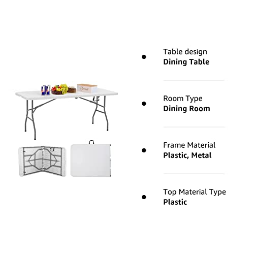 FDW Folding Tables, Plastic 6ft Folding Table,Half Portable Foldable Table for Parties, Backyard Events,White