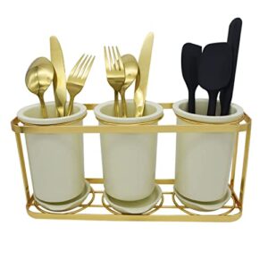 foreseex ceramic kitchen outdoor silverware caddy flatware cutlery holder utensils organizer with drain tray and metal rack for spoons knives and forks (light yellow 3 cups)