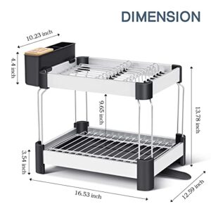 TOOLF Aluminum 2-Tier Dish Drying Rack, Sink Dish Rack, Dish Drainer with Anti-Rust Frame, 360° Swivel Spout Drip Tray, Utensil Holder for Kitchen